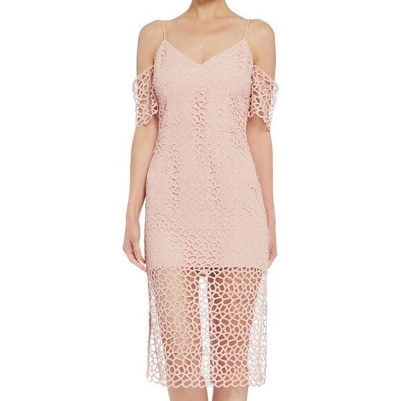 Keepsake NWT XS Blush Pink Lace Eyelet Midi Pencil Dress Cocktail Occasion - Picture 3 of 13